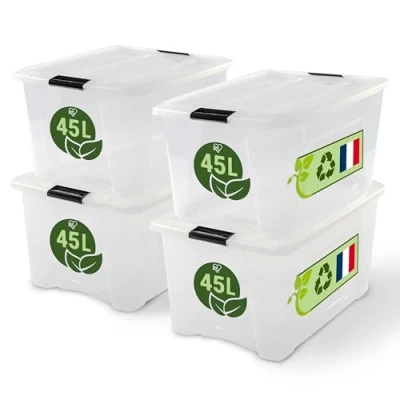 Imagen de Iris Ohyama, Caja de Almacenamiento Plástica con Tapa, 45L, Lote 4, Transparente, Clips Cierre, Asa, Apilable, Organización Sólida y Duradera, para Habitación, Vestidor, Oficina, BSB 45