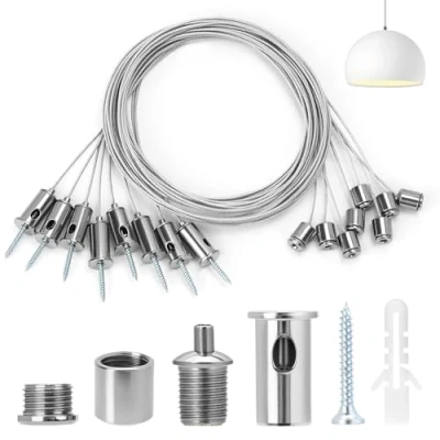 Imagen de QWORK® 8 piezas kit de suspensión para paneles LED, 1.5 mm x m, cable acero inoxidable pernos techo, fijación panel LED luz techo