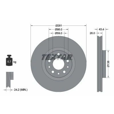 Imagen de TEXTAR 92304803 Disco de freno 281 26 05/10 98 ventilación interna revestido sin cojinete rueda, perno sujeción buje rueda