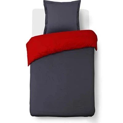 Imagen de VISION Juego de Cama Reversible Bicolor Rojo/Antracita Funda nórdica 140 x 200 cm con 1 Almohada para Individual, 100% algodón