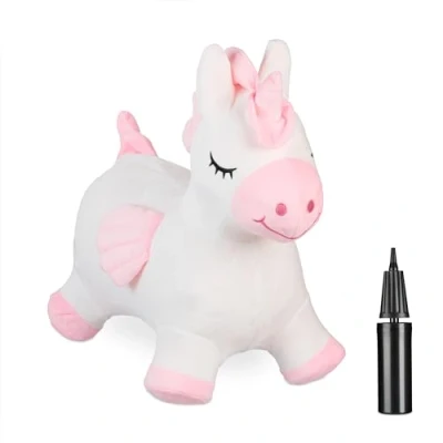 Imagen de Relaxdays Saltando Unicornio Saltarín Hinchable, Saltador, Funda e Hinchador, Máx. 50kg, Sin BPA, Desde 3 Años, Blanco y Rosa, Poliéster, 48 x 27 52 cm