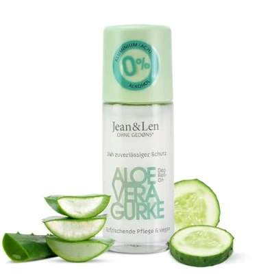 Imagen de Jean&amp;Len Desodorante de bola aloe vera y extracto pepino, frescor duradero, para después del afeitado, práctico tamaño viaje, vitamina E, sin sales aluminio ni alcohol, vegano, 50 ml