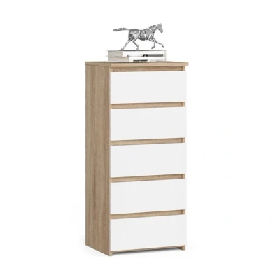 Imagen de AKORD Cómoda con 5 cajones Alta Mueble Moderno para Sala de Estar, Comedor, Dormitorio, Entrada, baño Armario habitación Infantil 35x40x92 cm Roble Sonoma &amp; Blanco Frente