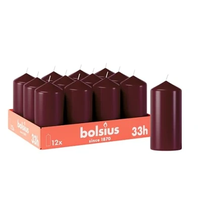 Imagen de Bolsius Velas lisas Burdeos 12 unidades x 6 cm decorativas para el hogar Tiempo de combustión 33 horas Sin perfume Contiene cera vegetal natural aceite palma