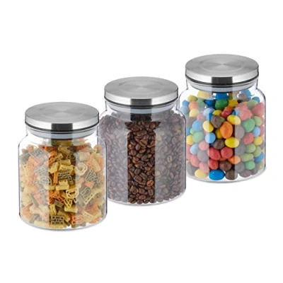 Imagen de Relaxdays Botes Cristal con Tapa, Set de 3, 1100 ml, Recipientes Redondos, Tarros Herméticos, Transparente/Plateado, Silicona, 14 x 12 cm