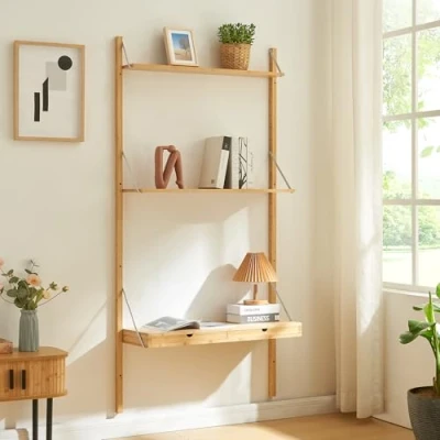 Imagen de [en.casa] Estantería de Pared Tingvoll con 2 Estantes Cajones Regulables en Altura Mural 3 Niveles para Salón Oficina Cocina Baño Bambú 176 x 85 32 cm Natural