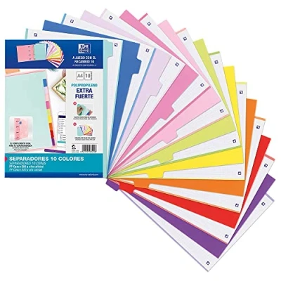 Imagen de Oxford Strongline, Separadores Archivador 4 anillas A4, Plástico Opaco, 10 Posiciones, Taladros, Colores
