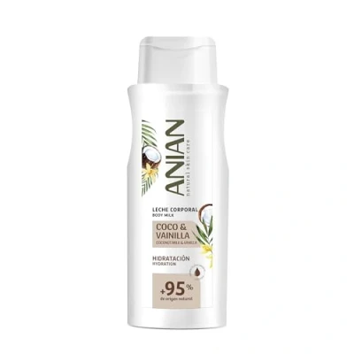 Imagen de ANIAN Leche Corporal Coco y Vainilla, 500 ml, con Manteca de Karité Alantoína, Nutre e Hidrata sin Sensación Grasa, Aroma Dulce, Piel Suave Tersa, +95% Ingredientes Origen Natural