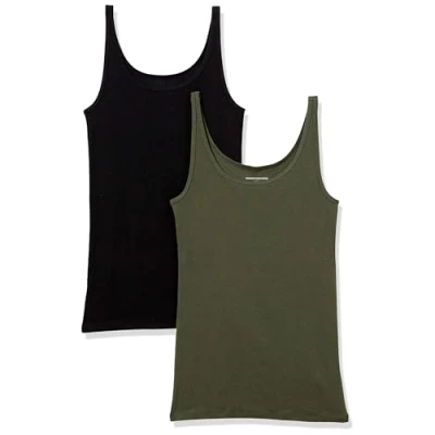 Imagen de Amazon Essentials Top Ajustado sin Mangas y con Tirantes Finos Mujer, Pack de 2, Negro/Verde Oliva, XS