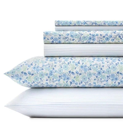 Imagen de Laura Ashley Home Juego de sábanas algodón percal para decoración del hogar (Jaynie Pastel Blue, King)