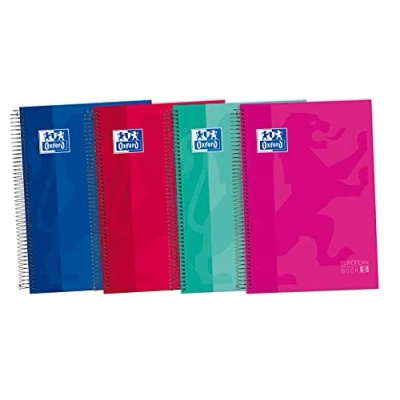 Imagen de Oxford, Cuadernos A4, Pack de 5 Libretas A4+ Microperforadas con bandas color, Tapa Extradura, Espiral, A4+, 120 Hojas Blancas, Colores Surtidos.