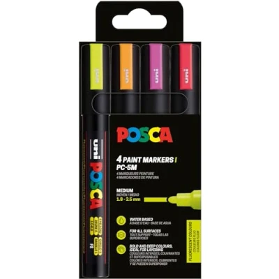 Imagen de Uni Ball 182548 POSCA Marker Set, 4 rotuladores acrílicos neón PC 5M, rotulador permanente 1,8 2,5 mm punta redonda
