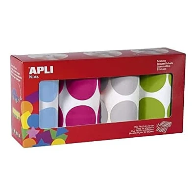Imagen de APLI Kids 18301 Pack 4 Rollos Gomets Redondos XXL Diámetro 45 mm, Fucsia/ Azul/ Gris/ Verde