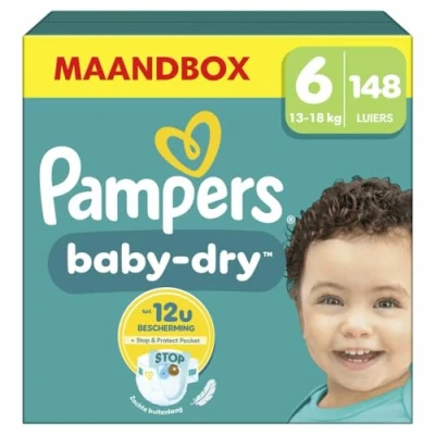 Imagen de Pampers Pañales tamaño 6 (13 18 kg) Baby Dry, extra grande, caja de meses, hasta 12 horas protección contra fugas, 148 unidades