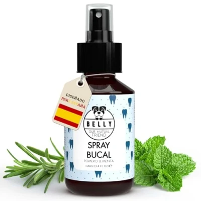 Imagen de Belly Spray Bucal Eliminar Mal Aliento Perros, 100ml Elimina Sarro y Placa Dental Perros con Menta Romero Limpia Dientes Perro, Alternativa al Cepillo de