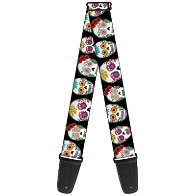 Imagen de Correa para guitarra con hebilla, diseño de calaveras azúcar escalonadas, color negro y multicolor, 5 cm ancho, 74 longitud