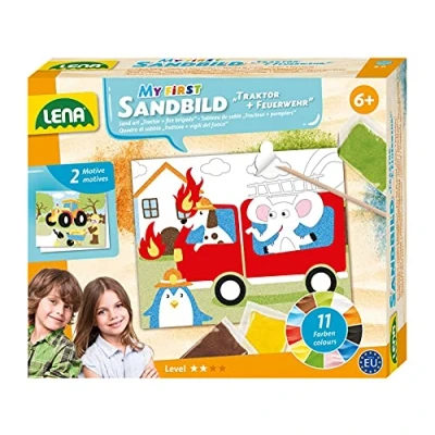 Imagen de Lena 42670 Juego de manualidades para pintar con arena (18 x 14,5 cm, 11 colores arena), diseño bomberos y tractor niños a partir 6 años, multicolor, (42671)