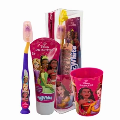 Imagen de Mr.White Princess Juego de bolsa para niños Cepillo dientes con ventosa en la base, cubierta cerdas, pasta sabor a menta, formato 75 ml y cristal