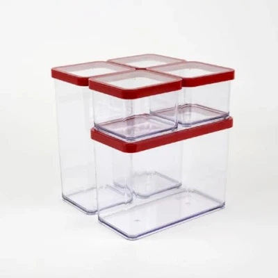 Imagen de Rotho Loft Cajas de Almacenamiento con Tapa Diferentes tamaños, Polipropileno, Transparent/Rot, Juego 5 (1x 2,1l + 2X 1,5l +2X 0,5l),