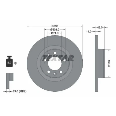 Imagen de TEXTAR 92157100 Disco de freno 290 14 05/07 108 macizo sin cojinete rueda, perno sujeción buje rueda FIAT: Scudo II Furgón