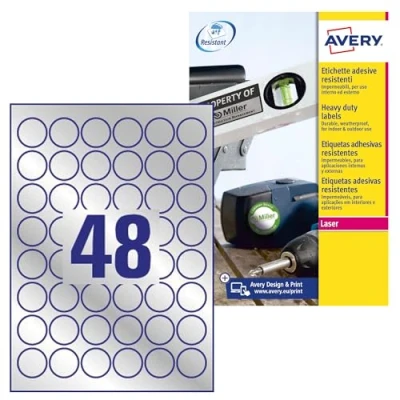 Imagen de Avery España L6129 20 etiquetas adhesivas plateadas resistentes intemperie y agua, redondas de 30mm, Caja 960