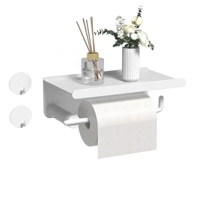 Imagen de Portarrollos Papel Higienico, Portarollos Higienico Adhesivo con 2 Ganchos, Soporte Sin Taladro Adecuado para baños y cocinas (Blanco)