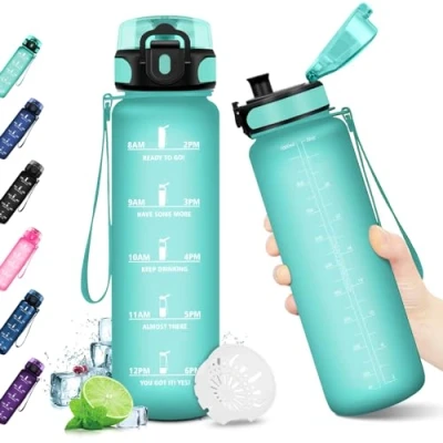 Imagen de KollyKolla Botella de Agua Deportiva, 1 litro, Motivadora, Prueba Fugas, sin BPA, Reutilizable Cantimplora para Adulto, Colegio, Gimnasio, Oficina, Bicicleta, Gym, Fitness
