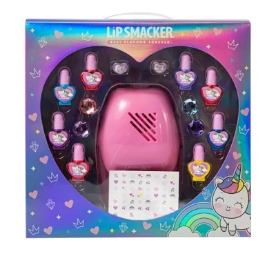 Imagen de Lip Smacker Nail Art Blockbuster Set, Kit Pintauñas, Juego de Esmaltes Uñas con 8 Colores, 22 Pegatinas y 1 Secador Uñas, Clips para el Cabello Anillos, Set Todo en Uno Look Creativo