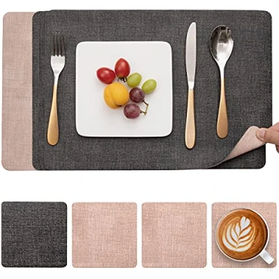 Imagen de Myir JUN Manteles Individuales y Posavasos, Salvamanteles de Cuero Juego 4 Mantel Individual Lavables Antideslizant Mesa Impermeables (Gris Rosado, 4)