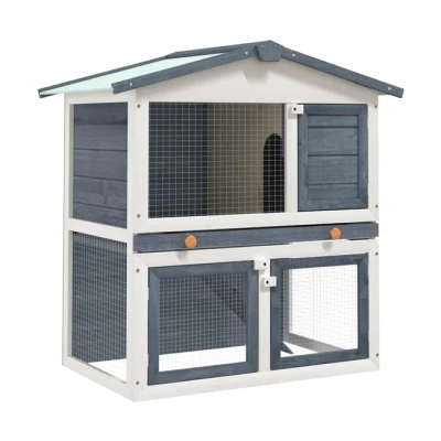 Imagen de vidaXL Jaula Conejera con 3 Puerta Casita Caseta de Animales Pequeños Mascotas Gallinero Protección Refugio Impermeable Gris Madera