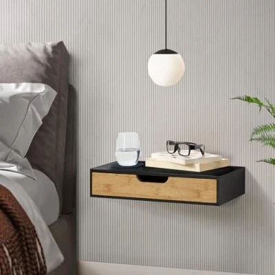 Imagen de [en.casa] Estante Pared Bokn para Llaves Libros Gafas Lámpara Estantería Mesilla de Noche Mural con Cajón máx. 5 kg Bambú 40 x 24 8 cm Negro y Natural
