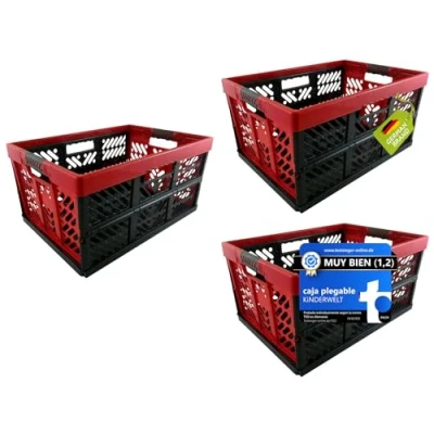 Imagen de KiNDERWELT Juego de 3 robustas cajas plegables profesionales 45 l a 50 kg caja almacenamiento, cesta transporte, antracita/rojo