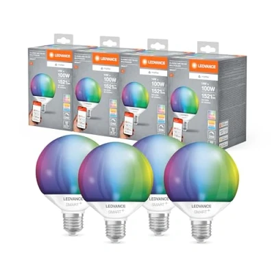 Imagen de LEDVANCE Lámpara LED SMART+ MATTER, compatible con Google, Alexa, Apple, acabado esmerilado, 14W, 1521lm, base E27, función RGBW y luz blanca, app o control por voz, vida útil de hasta 20.000 horas
