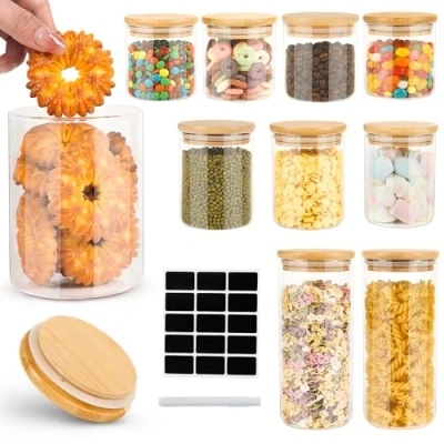 Imagen de Cinnani 10 Botes de Cristal Cocina con Tapa Bambu,Botes Almacenaje,Tarros Tapa,Botes Almacenaje para Almacenar Espaguetis, Pasta, Harina