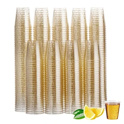 Imagen de MATANA 300 Vasos de Chupito Plástico Duro con Brillo Dorado, 30ml Resistentes y Reutilizables Cumpleaños, Bodas, Navidad, Barbacoas, Halloween, Fiestas