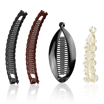 Imagen de 4 pinzas para el pelo de plátano, accesorios cabello con perlas cola pez, cepillo plástico Vintage grueso y rizado