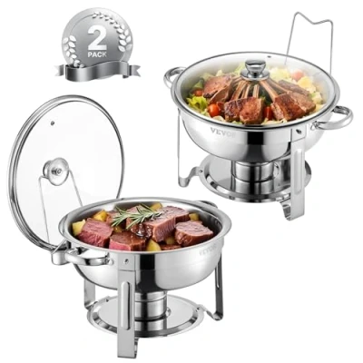 Imagen de VEVOR Calentador de Alimentos con 2 Recipientes Tamaño Completo(4,7 L Cada Uno), Redondo, para Catering Tapa Vidrio y Bandeja Agua Soporte Plegable, Fiestas Bufé, Plata