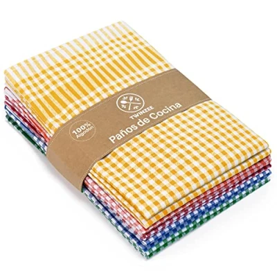 Imagen de Twinzee Set de 5 Textiles Cocina a Cuadros 100% Algodon 47 x 67 cm Diseño Retro Paños para secar la vajilla y Las Manos Azul, Rojo, Verde, Naranja, Amarillo