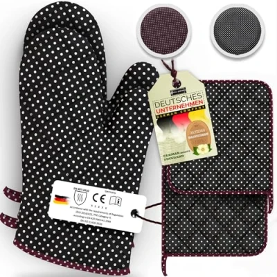 Imagen de LEFUNDA® Juego de 4; Guantes Horno y Agarraderas algodón, Resistentes al Calor, para Hornear, Cocinar, Manoplas Grandes Barbacoa, Soportes Ollas, Utensilios Cocina
