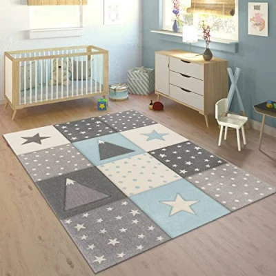 Imagen de Paco Home Alfombra Infantil Pastel Cuadros Puntos Corazones Estrellas Blanco Gris Azul, tamaño:160x230 cm