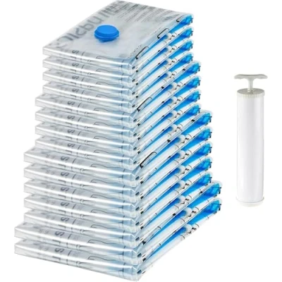 Imagen de Amazon Basics bolsas de vacío para almacenamiento, con cremallera, incluyen boca aspirador, 15 Unidad, 2 extragrandes, 5 grandes, 4 medianas y pequeñas, Blanco