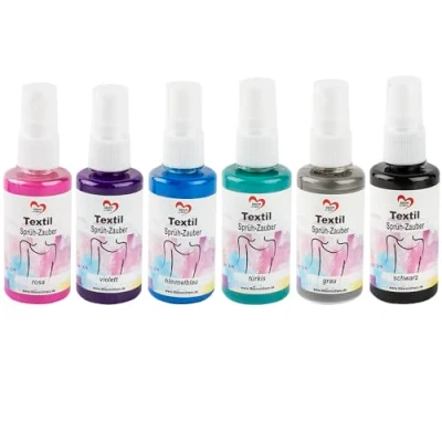 Imagen de Tela de Color spray, 6 x 50 ml, Colores (Rosa, Púrpura, Turquesa, Azul Claro, Gris, Negro),hochpi gmentierte con alta brillo para tejidos claros, a base agua