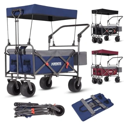 Imagen de Arebos Carrito Plegable con tejado Carro Playa Carretilla Jardin Sistema de cinturón 3 Puntos Carga Máxima hasta 100 kg Rueda Delantera giratoria 360 Incl. Bolsa Transporte