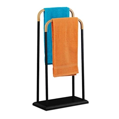 Imagen de Relaxdays Toallero de Pie, 2 Barras, Soporte Toallas Baño y Lavabo, 1 Ud, Hierro Bambú, 85x45x22 cm, Negro, 85 x 45 22 cm