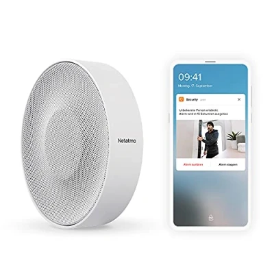 Imagen de Netatmo NIS01 de Sirena Alarma inalámbrica para Interiores, 110 dB, activación y desactivación automática, sin suscripción, batería o Red