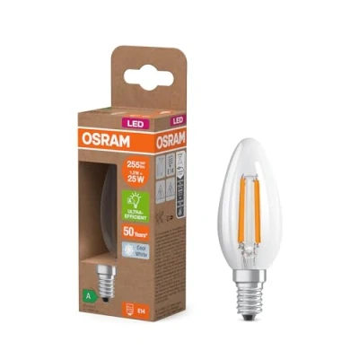 Imagen de OSRAM en forma clásica de mini vela, con filamento LED decorativo diseño esmerilado, A, E14, 1,2 W, 255 lm, 2700 K, blanco cálido. Sin calentar, 100% luz inmediatamente.