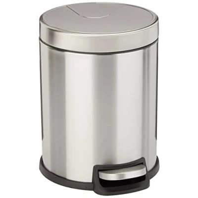 Imagen de Amazon Basics Cubo de basura pequeño cilíndrico cierre suave con pedal, para baño y espacios pequeños, 5 l, Redonda, acero inoxidable cepillado