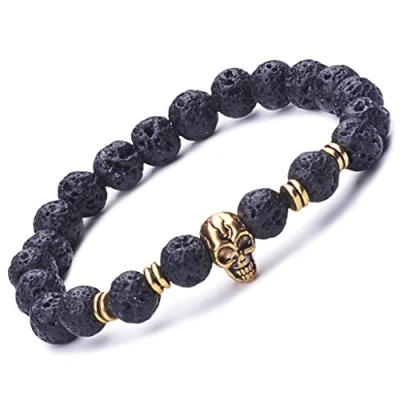 Imagen de Infinito U Pulsera Unisex con Diseño de Calavera Dorado Perlas 9 mm Piedra Lava Uniones Aleación Elástica para Terapia Yoga Meditación Color Negro