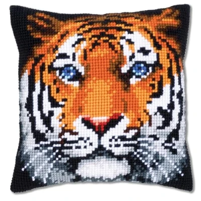 Imagen de Vervaco Kreuzstichkissen Tiger Cojín de Punto Cruz Tigre, Algodón, Colores Variados, ca. 40 x cm / 16&quot;