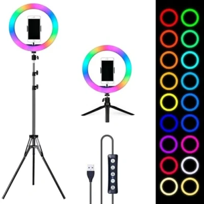 Imagen de Aro de luz 26cm diámetro Led 9 Colores con Soporte Ajustable Trípode más Anillo RGB, Fotografía, Equipos Estudio, Iluminación, Vídeo (RGB + Tripode Mini Tripode)